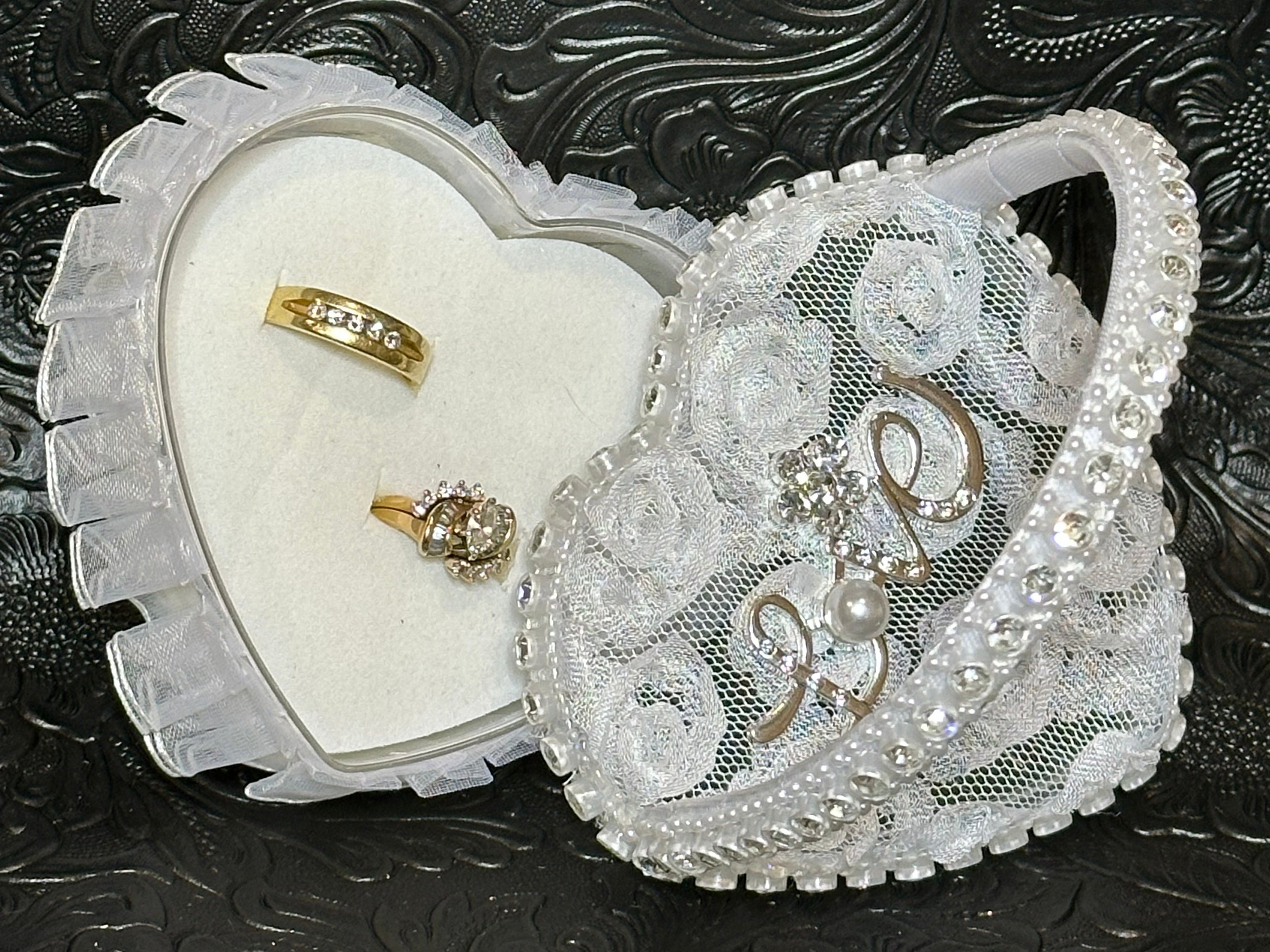 Heart-Shaped Wedding Ring Holder Box with Rhinestone “Love” Design