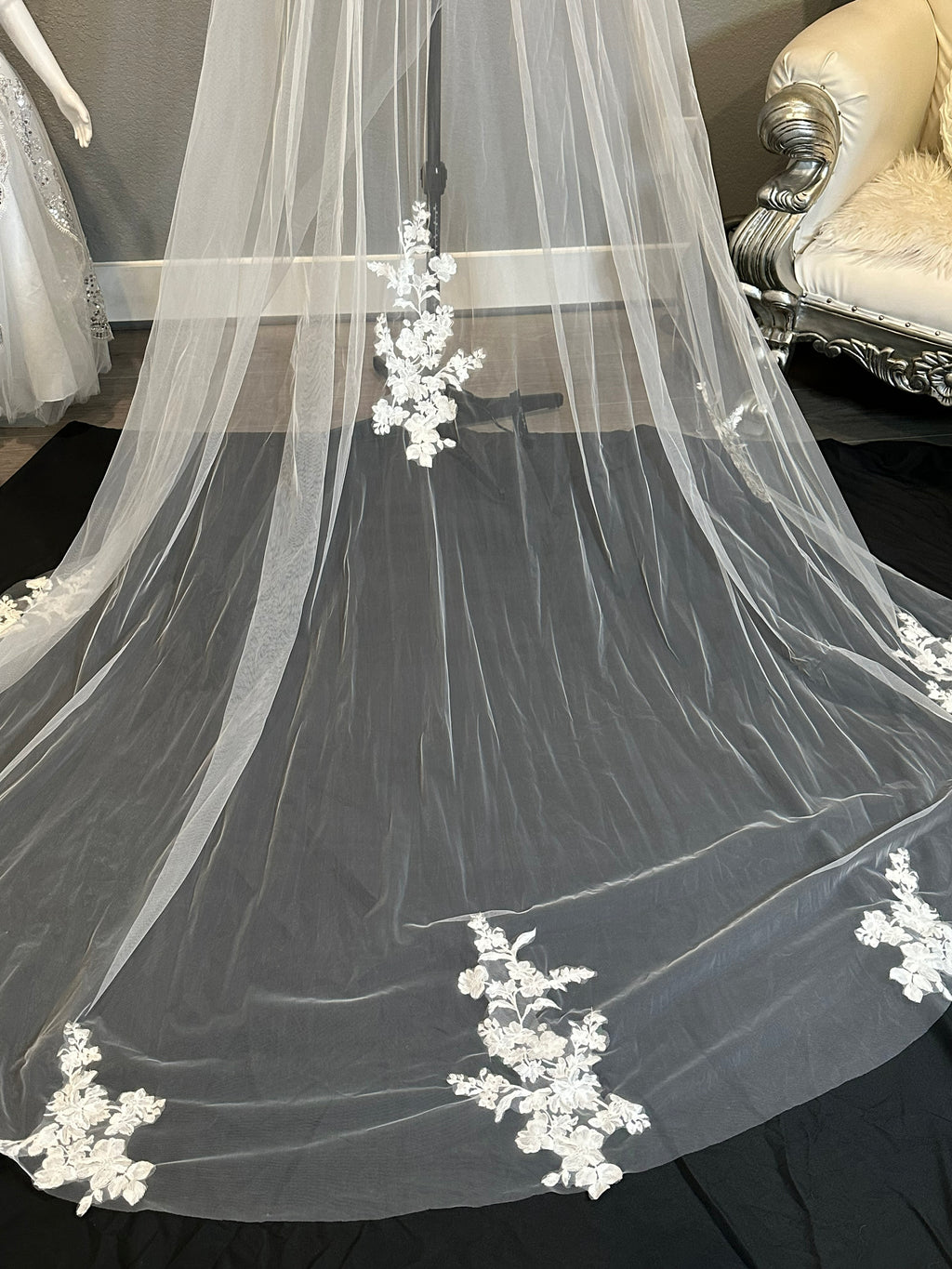 Cathedral Wedding Veil with Blusher – Lace Appliqué Bridal Veil, Soft Tulle Long Train