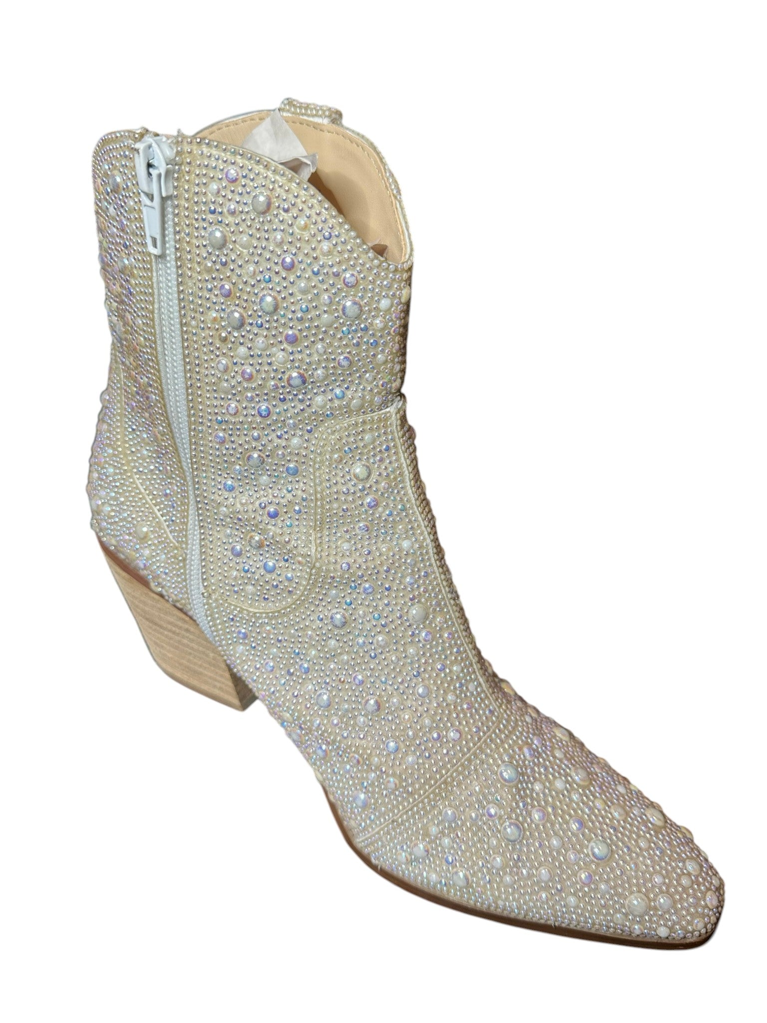 Betsey Johnson Pearl & Rhinestone Embellished Bridal Boots – Ivory Western Glam Heels- SIZE 6.5