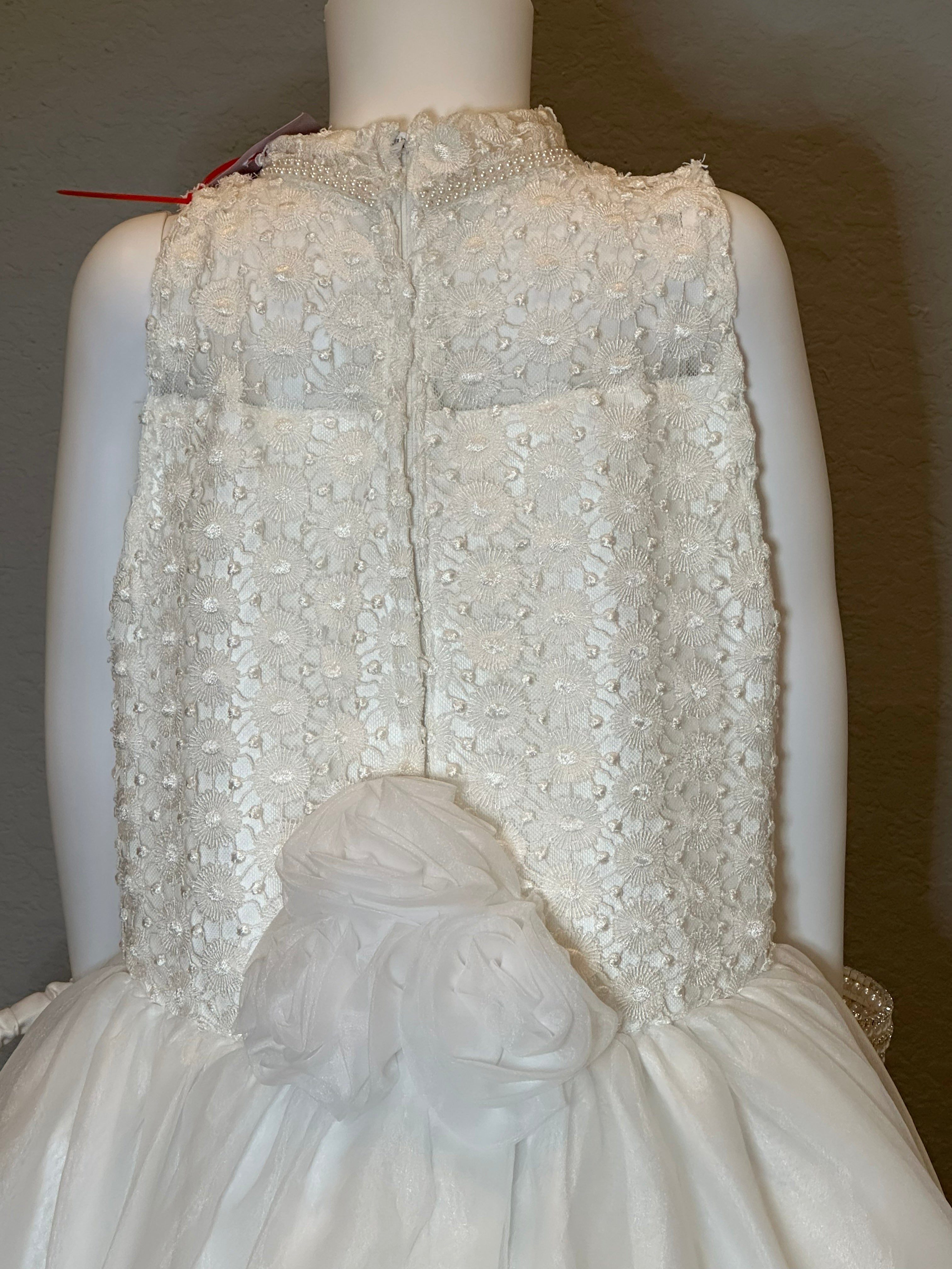 White Flower Girl Dress – Lace Bodice, High Neck, Full Tulle Skirt, Formal Dress SIZE 10