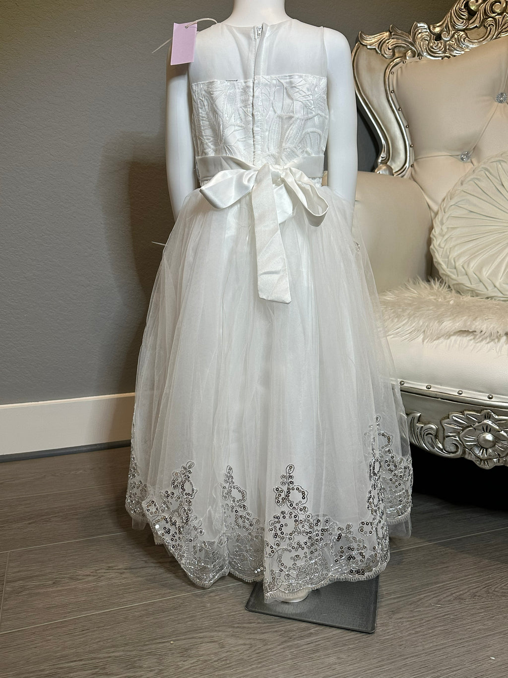 White Flower Girl Dress- Lace & Sequin Tulle Dress, Formal Wedding Dress SIZE 6