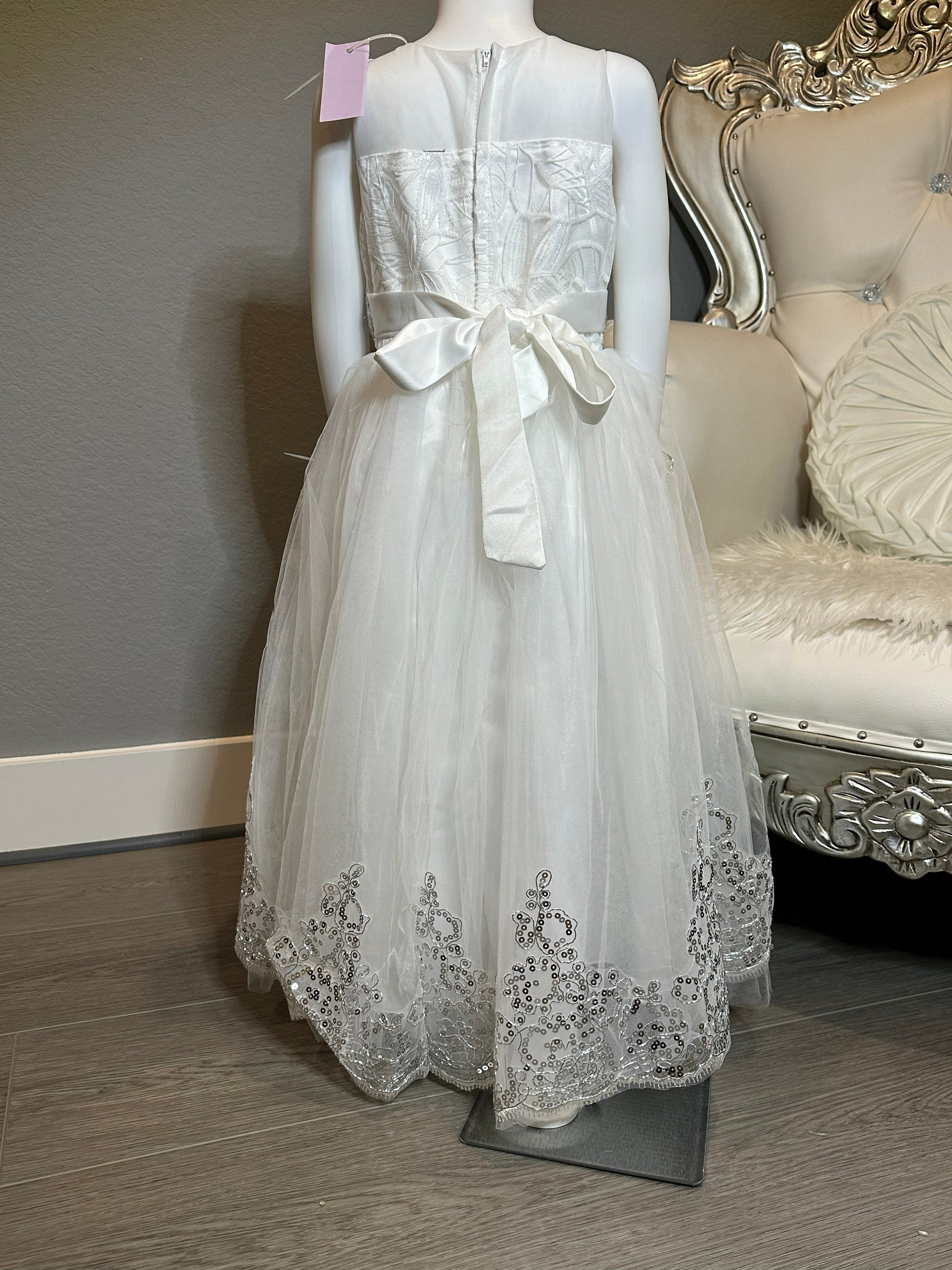 White Flower Girl Dress- Lace & Sequin Tulle Dress, Formal Wedding Dress SIZE 6