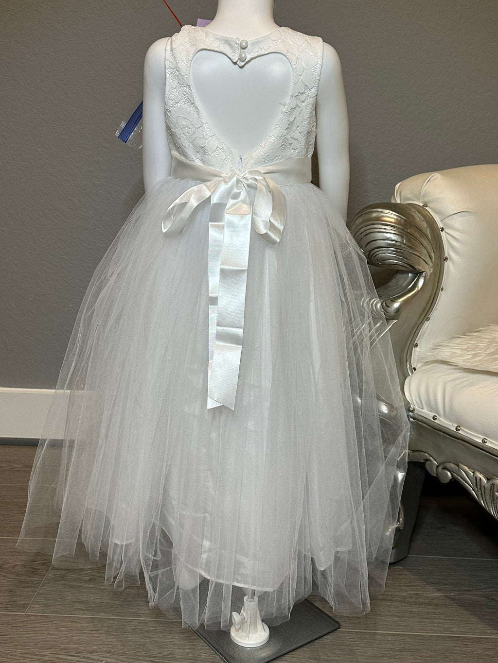 White Lace & Tulle Flower Girl Dress with Beaded Sash + Heart Back Detail-SIZE 6