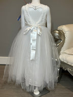 White Lace & Tulle Flower Girl Dress with Beaded Sash + Heart Back Detail-SIZE 6