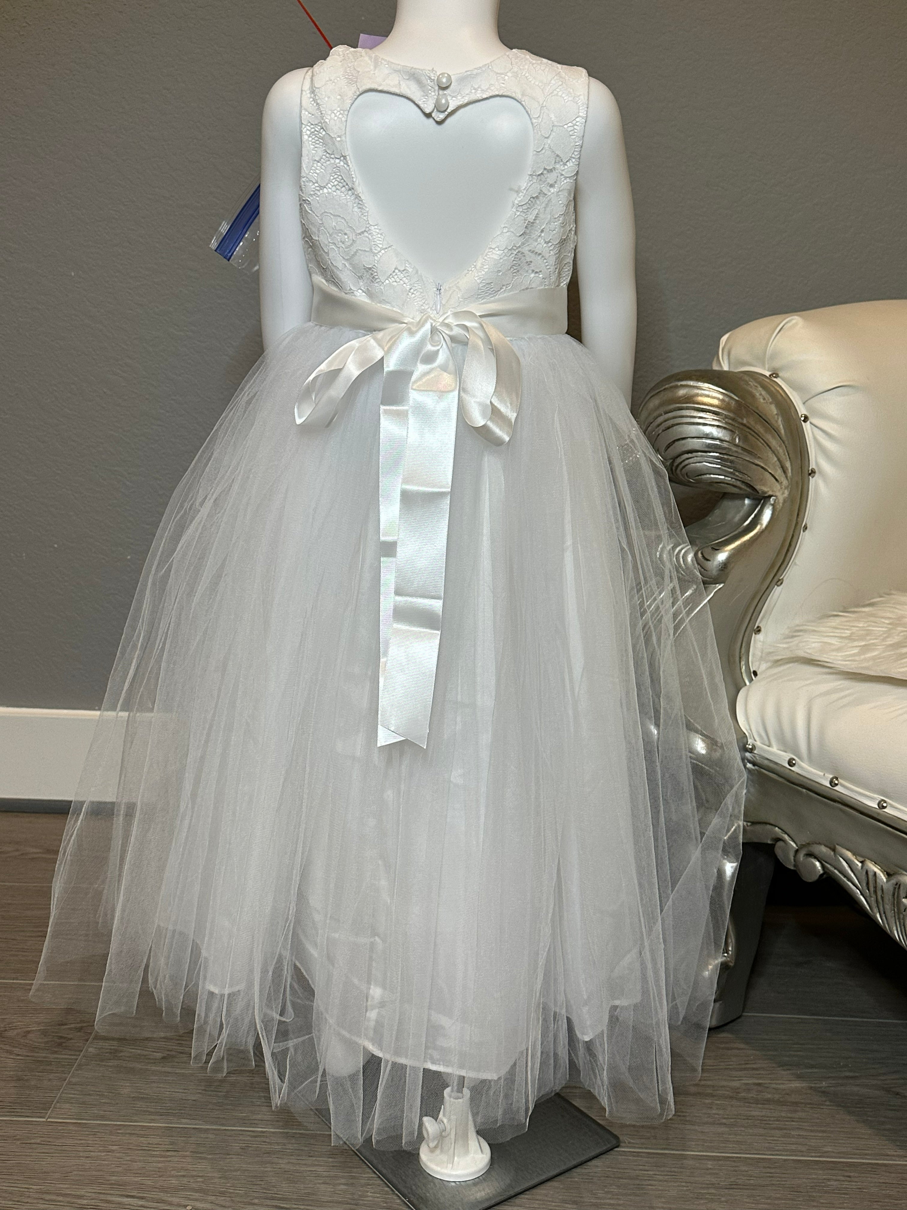 White Lace & Tulle Flower Girl Dress with Beaded Sash + Heart Back Detail-SIZE 6