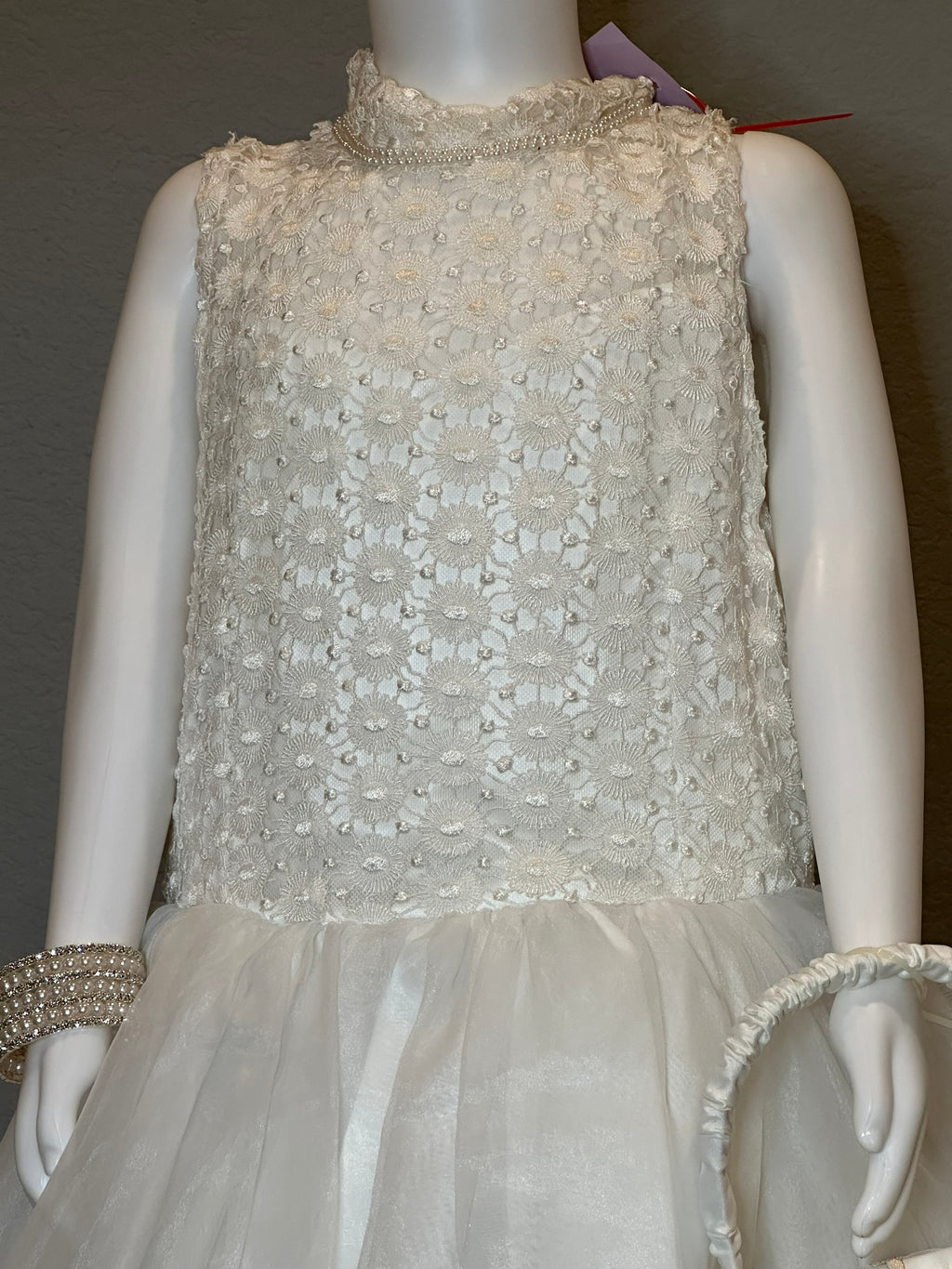 White Flower Girl Dress – Lace Bodice, High Neck, Full Tulle Skirt, Formal Dress SIZE 10