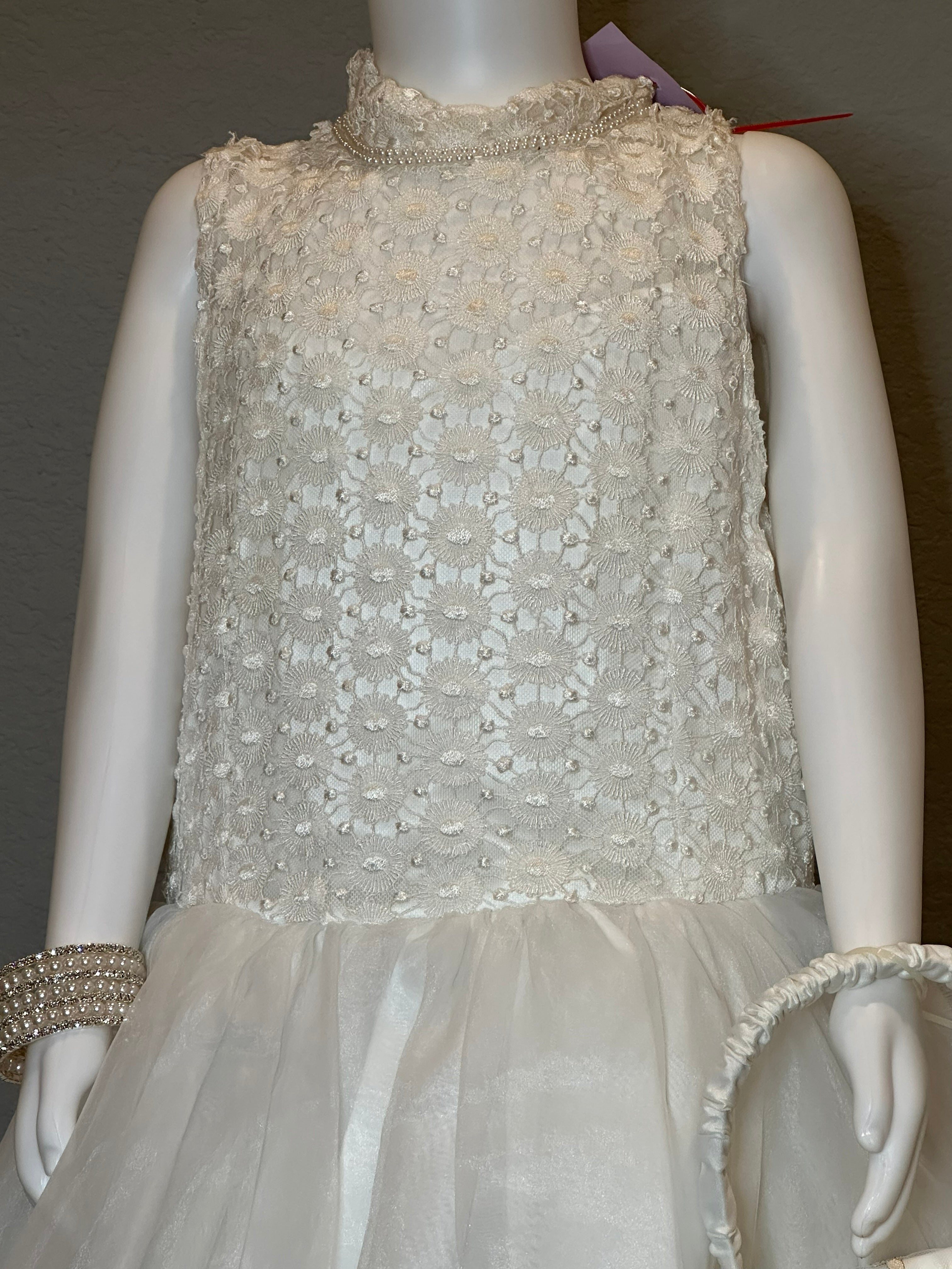 White Flower Girl Dress – Lace Bodice, High Neck, Full Tulle Skirt, Formal Dress SIZE 10