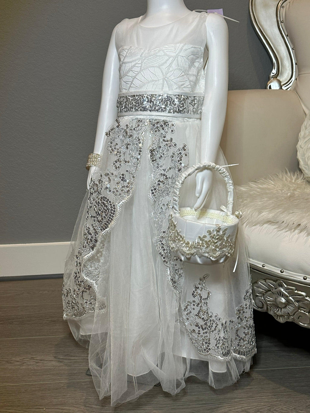 White Flower Girl Dress- Lace & Sequin Tulle Dress, Formal Wedding Dress SIZE 6