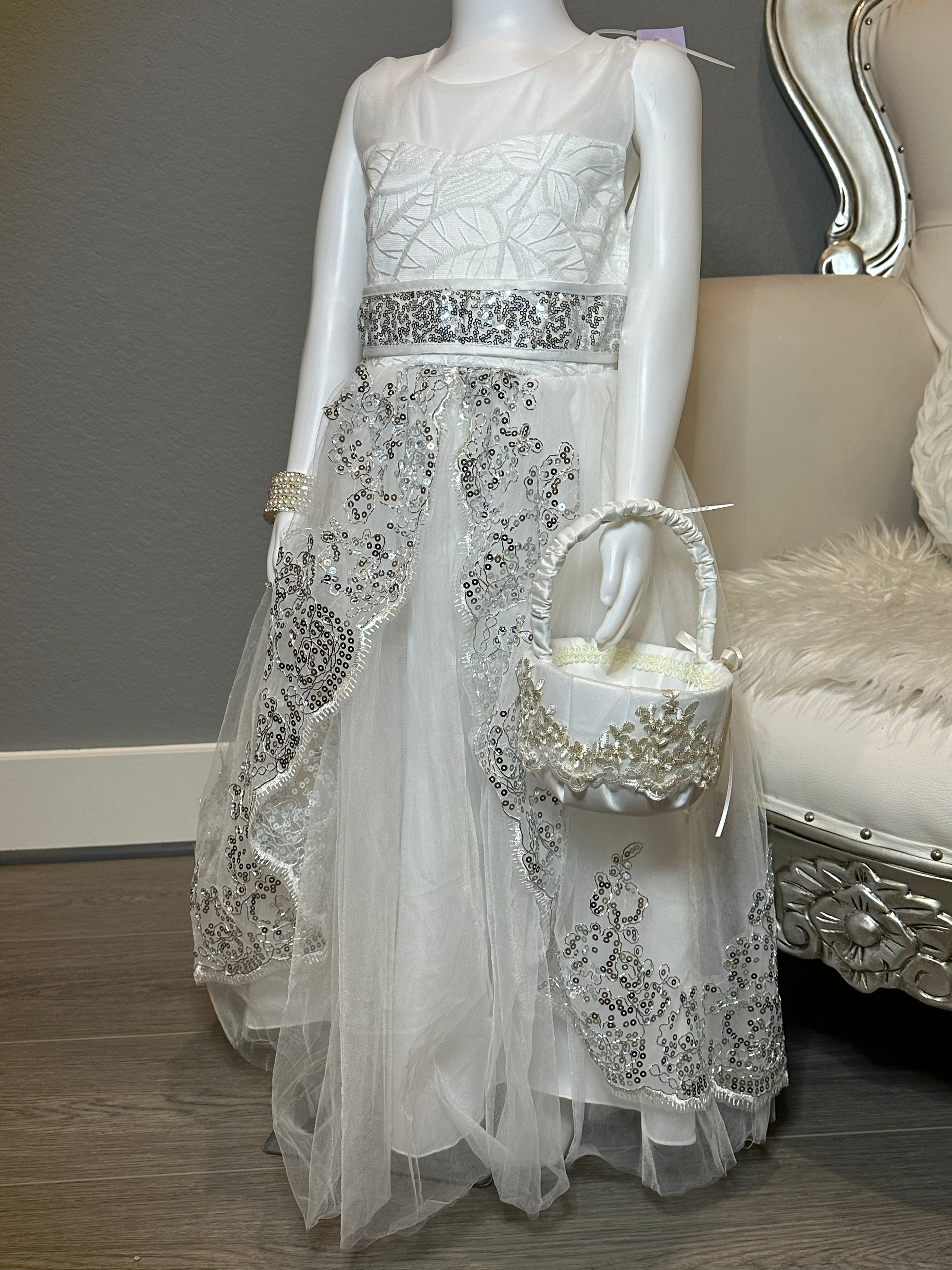 White Flower Girl Dress- Lace & Sequin Tulle Dress, Formal Wedding Dress SIZE 6