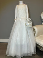 White Flower Girl Dress – Lace Bodice, High Neck, Full Tulle Skirt, Formal Dress SIZE 10