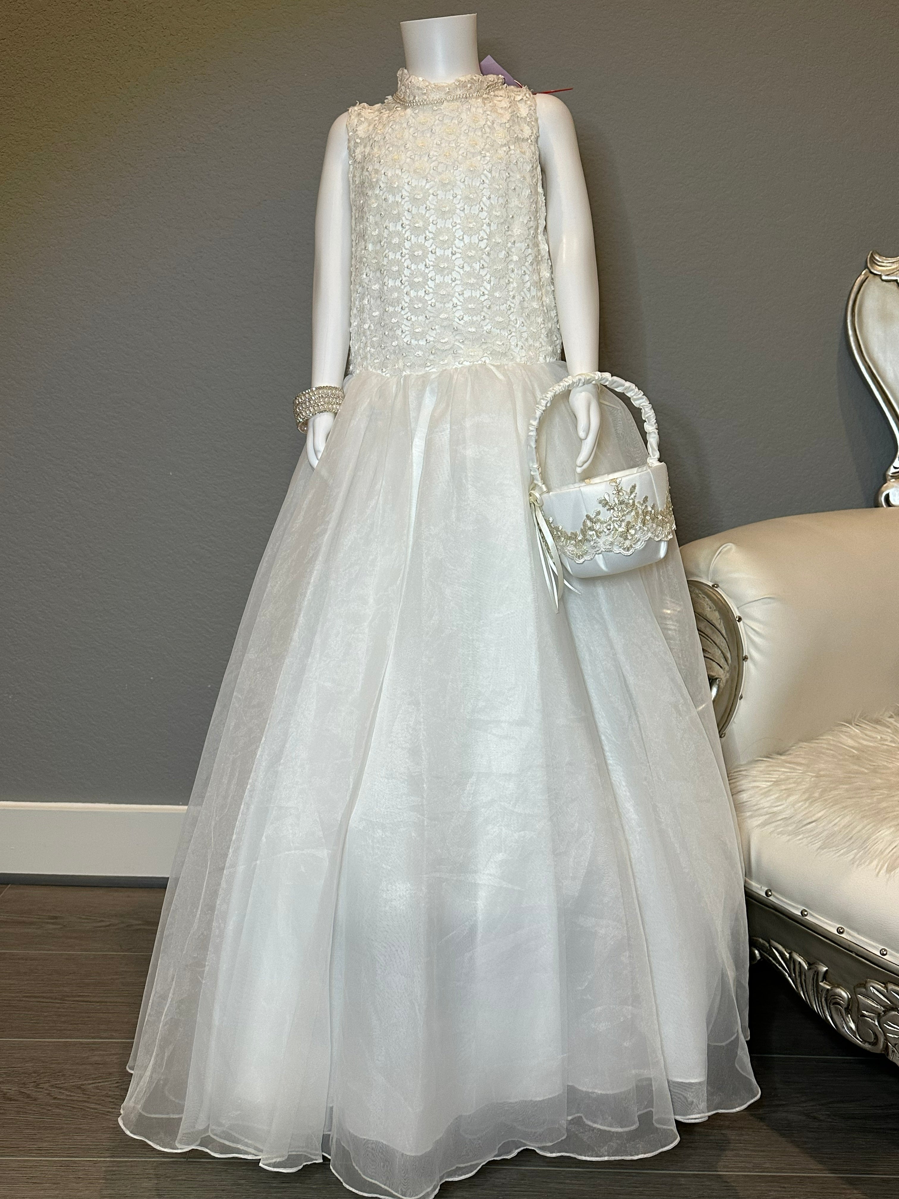 White Flower Girl Dress – Lace Bodice, High Neck, Full Tulle Skirt, Formal Dress SIZE 10