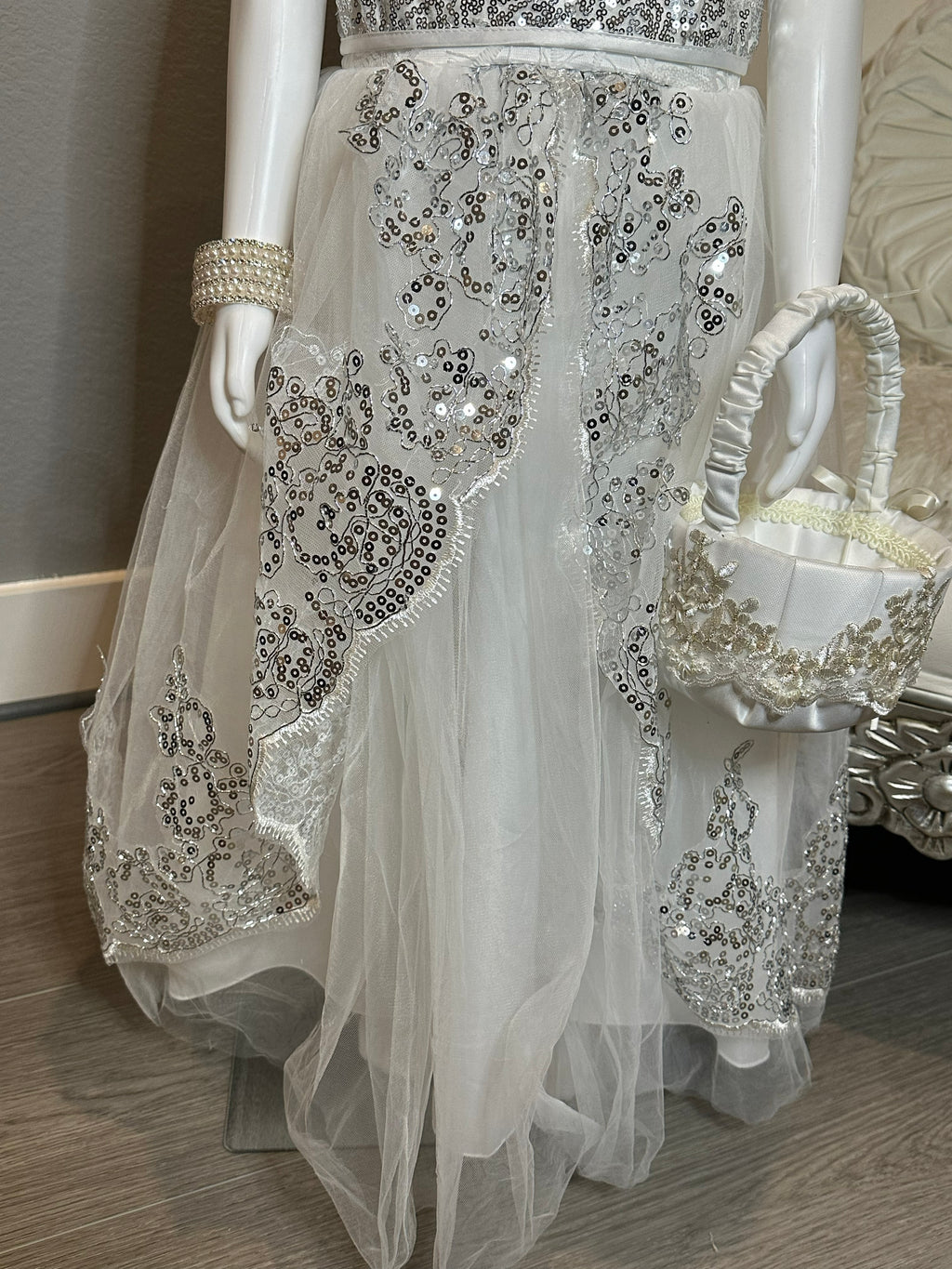 White Flower Girl Dress- Lace & Sequin Tulle Dress, Formal Wedding Dress SIZE 6