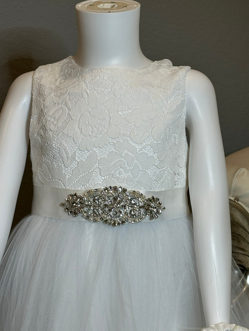 White Lace & Tulle Flower Girl Dress with Beaded Sash + Heart Back Detail-SIZE 6