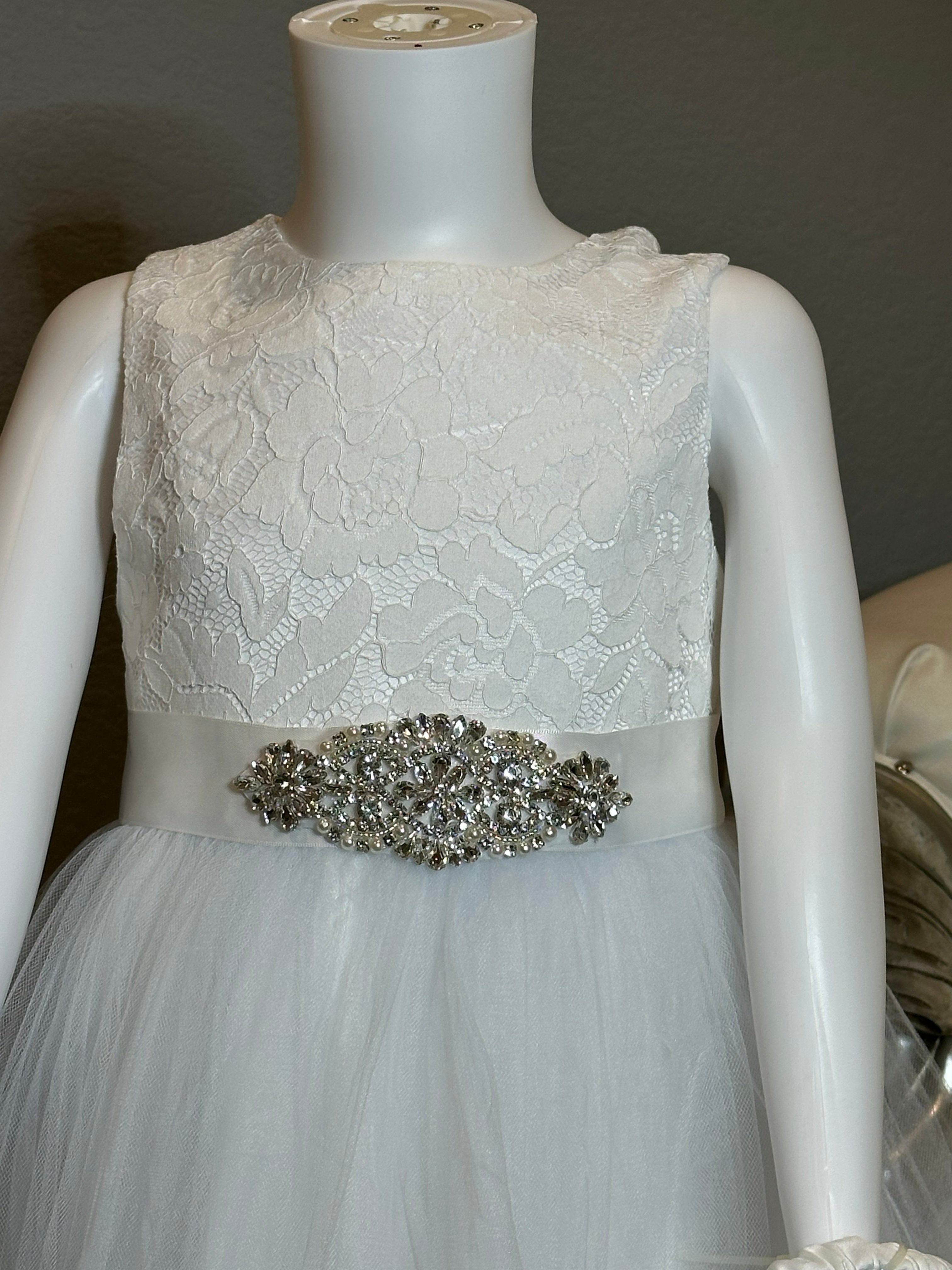 White Lace & Tulle Flower Girl Dress with Beaded Sash + Heart Back Detail-SIZE 6