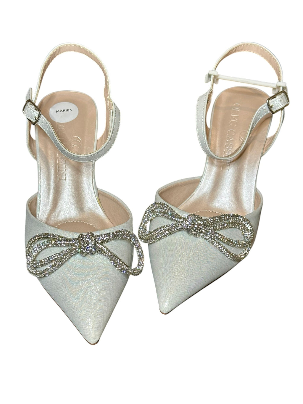 Oleg Cassini Rhinestone Bow Bridal Heels – White Pointed Toe Slingback Wedding Shoes- SIZE 6