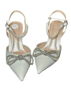 Oleg Cassini Rhinestone Bow Bridal Heels – White Pointed Toe Slingback Wedding Shoes- SIZE 6