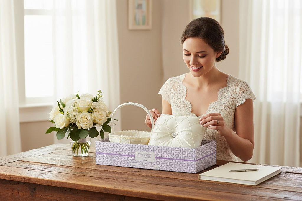 Wilton Ivory Satin Wedding Day Ensemble – Ring Pillow, Flower Girl Basket & Guest Book Set