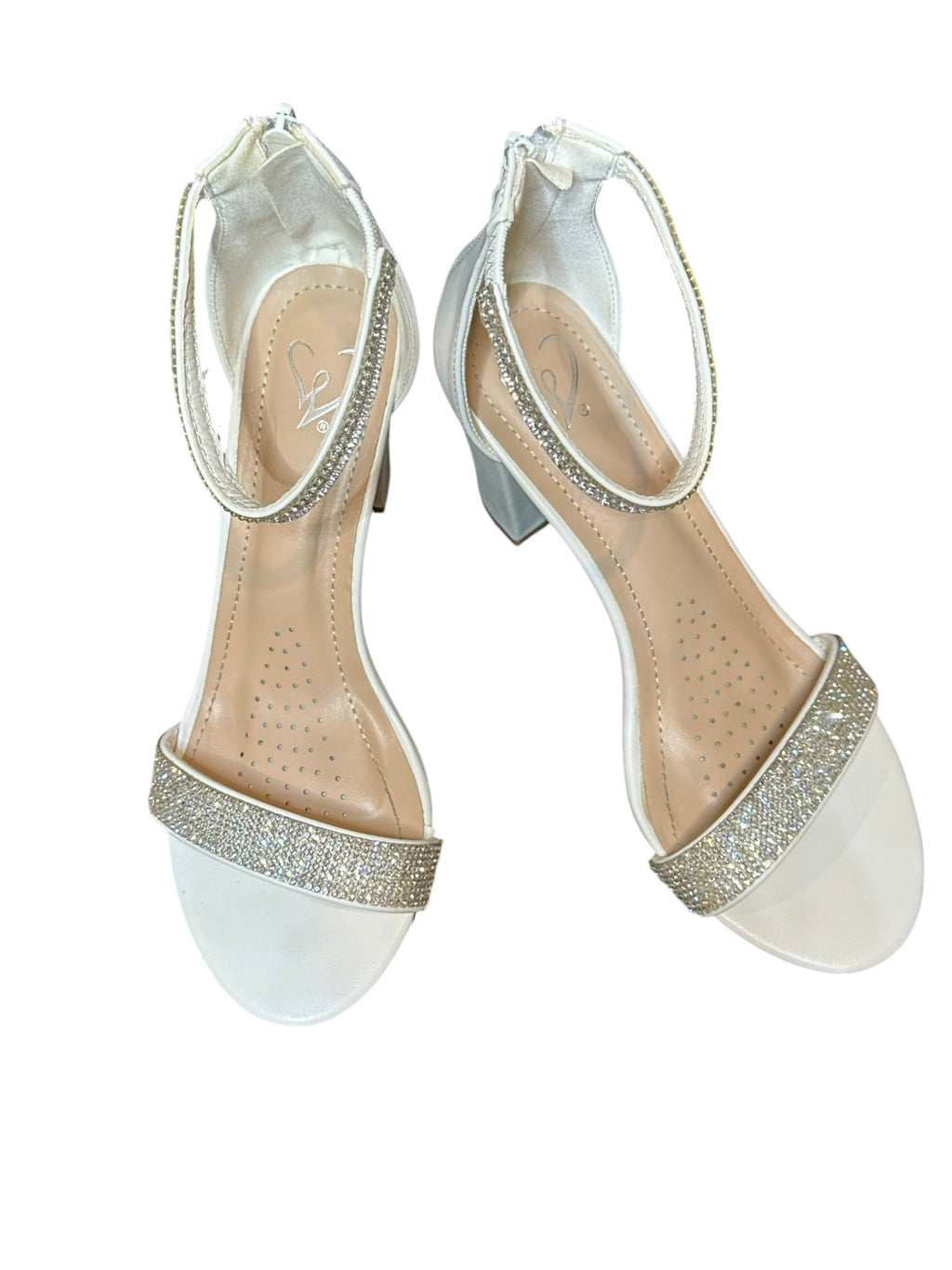 Windsor Rhinestone Block Heel Sandals – White Bridal Ankle Strap Heels- SIZE 8.5
