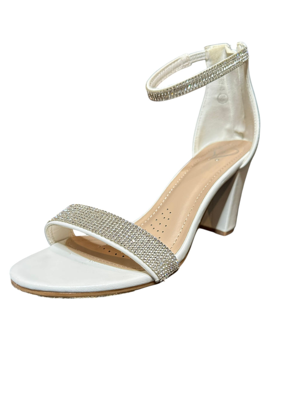 Windsor Rhinestone Block Heel Sandals – White Bridal Ankle Strap Heels- SIZE 8.5